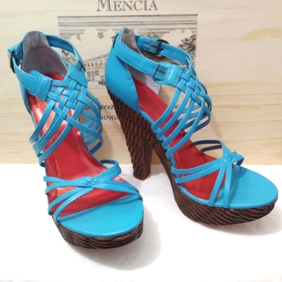 Vintage Diba Barbra Heels Turquoise Strappy Brazilian Leather Woven Design US 8 - Picture 13 of 15